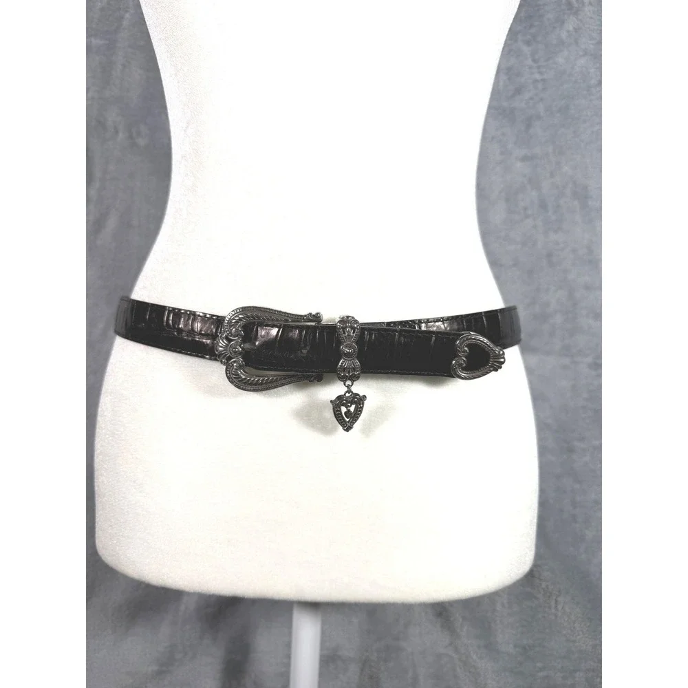 Brighton Black Brown Croc Reversible Leather Western Belt Silver Heart Medium 30